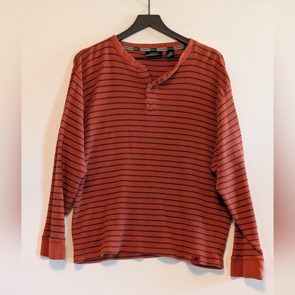 J/E/T STRTWR Waffle Knit Henley Shirt Medium Orange Striped Long Sleeve Cotton